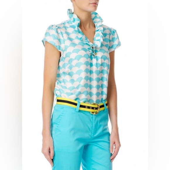 Elizabeth McKay 100% Silk Ruffled Blouse in Fontainee Turquoise Size 2 XS NWT - Picture 2 of 11